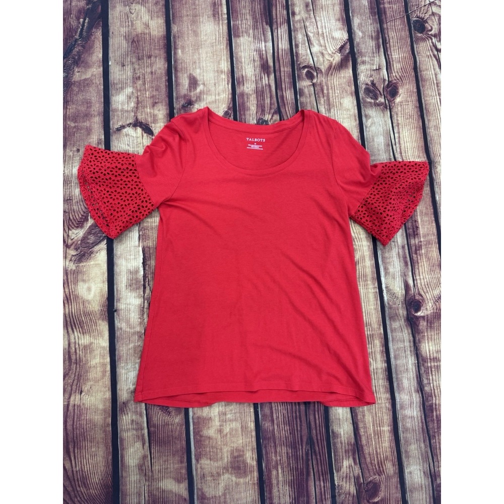 Talbots Red Solid Knit T-Shirt Scoop Neck Short Bell Sleeve Eyelet Cotton